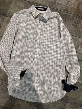 Express Men's White Shirt with Navy Micro-Print